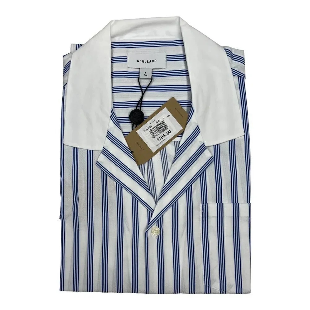 New Soulland Cornwall US L Men White Striped Shirt Short Sleeve Slim Button-Down - Picture 5 of 13